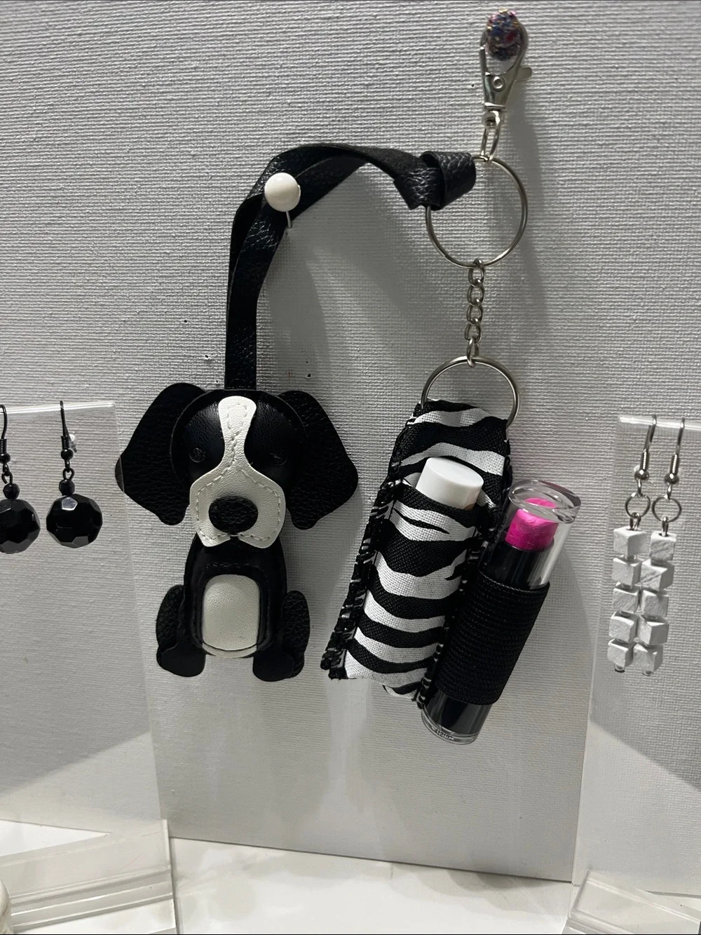 Gift Set Black White Dog Keychain Wristlet Dual Lipstick Balm Holder 2 Earrings